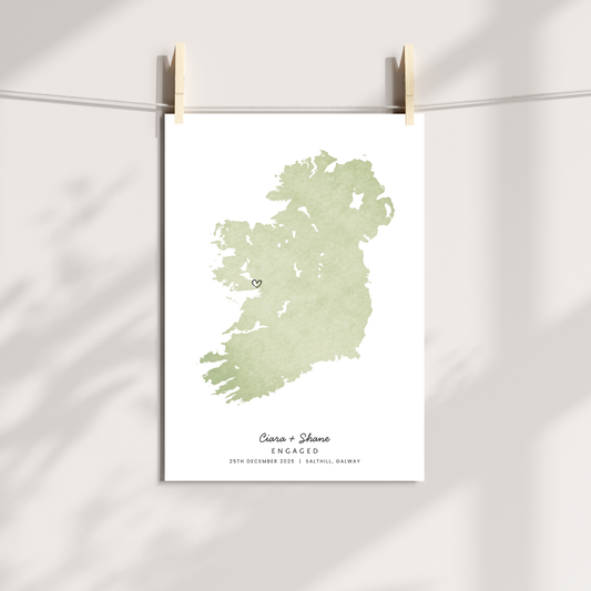Personalised Ireland engagement map print with names and engagement date