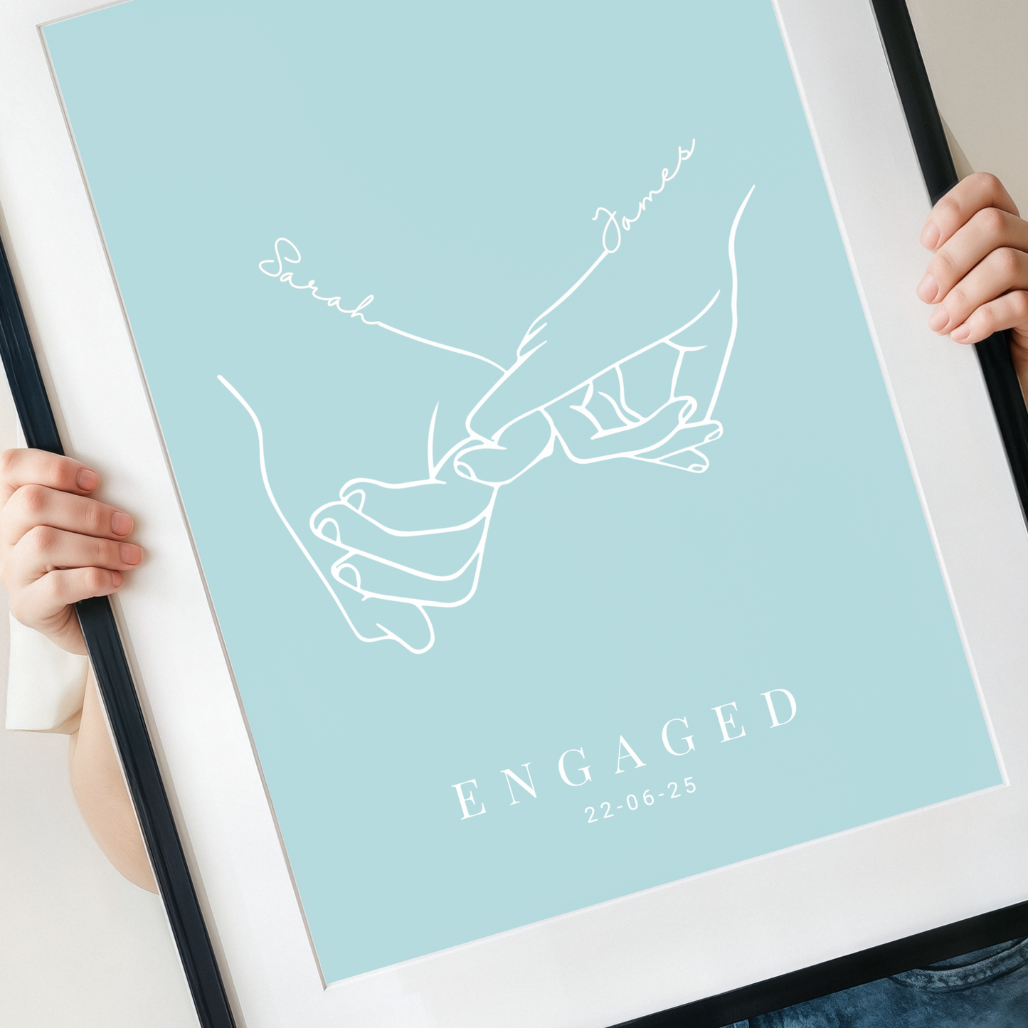 Personalised engagement print with names and date teal background