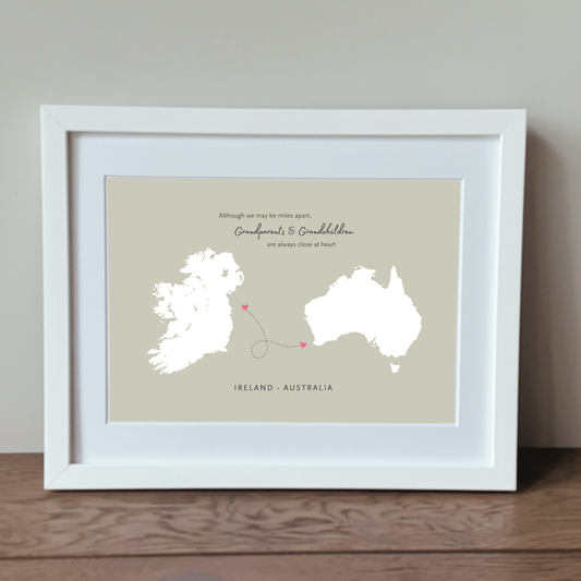 Grandparents and grandchildren Ireland to Australia map print with heartfelt quote
