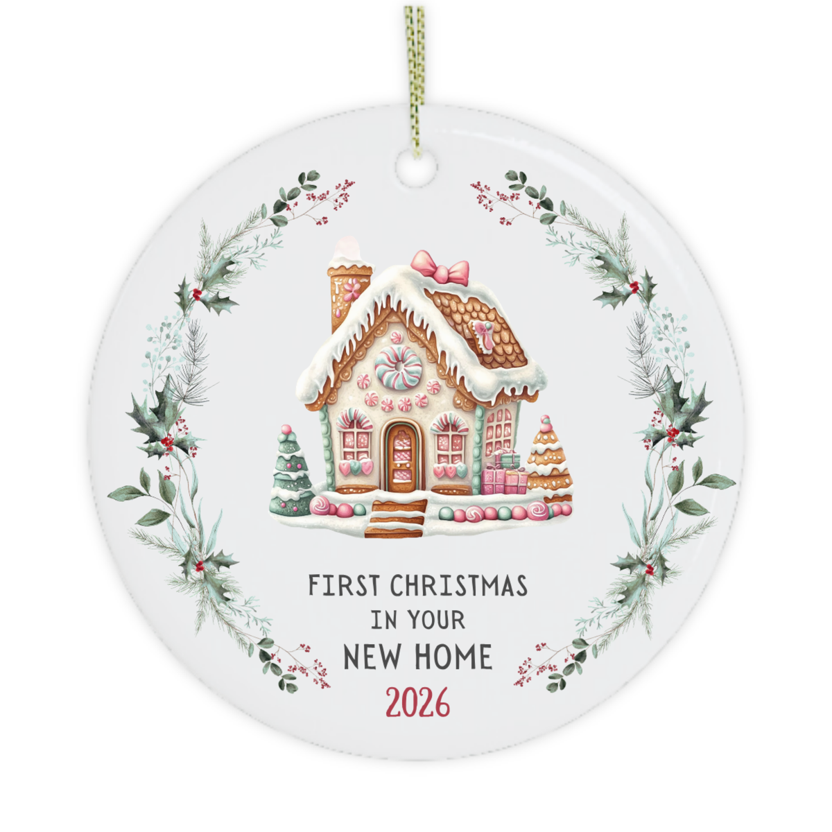 First Christmas in your new home ornament with gingerbread house and festive wreath