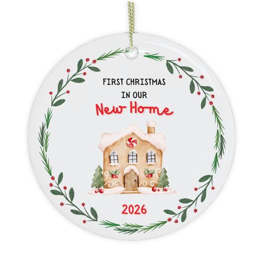 First Christmas in our new home ornament with gingerbread house and festive wreath
