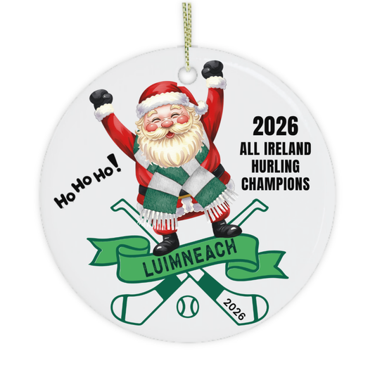 Limerick Luimneach 2026 Christmas ornament featuring Santa and hurling design