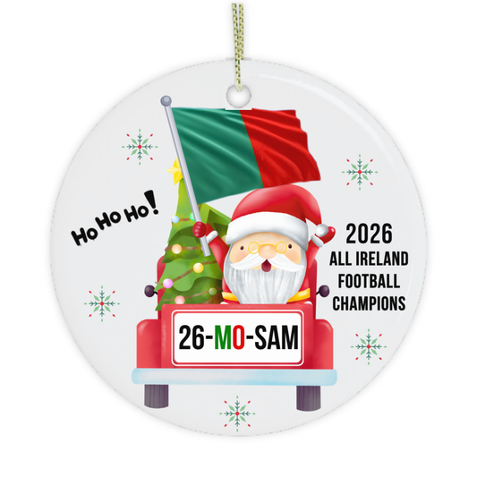 Close-up of Mayo 26-MO-SAM Christmas ornament celebrating the 2026 All-Ireland title