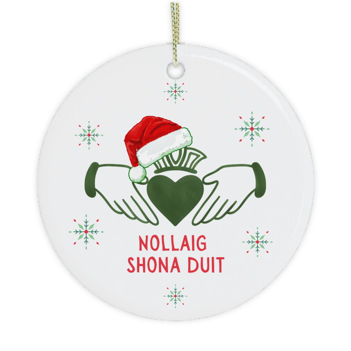 Irish Claddagh Christmas ornament with Nollaig Shona Duit greeting and festive snowflakes