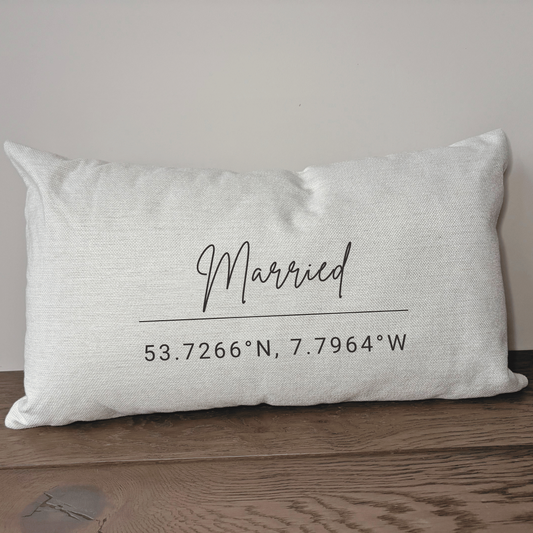 Personalised wedding cushion with married script and custom location coordinates keepsake