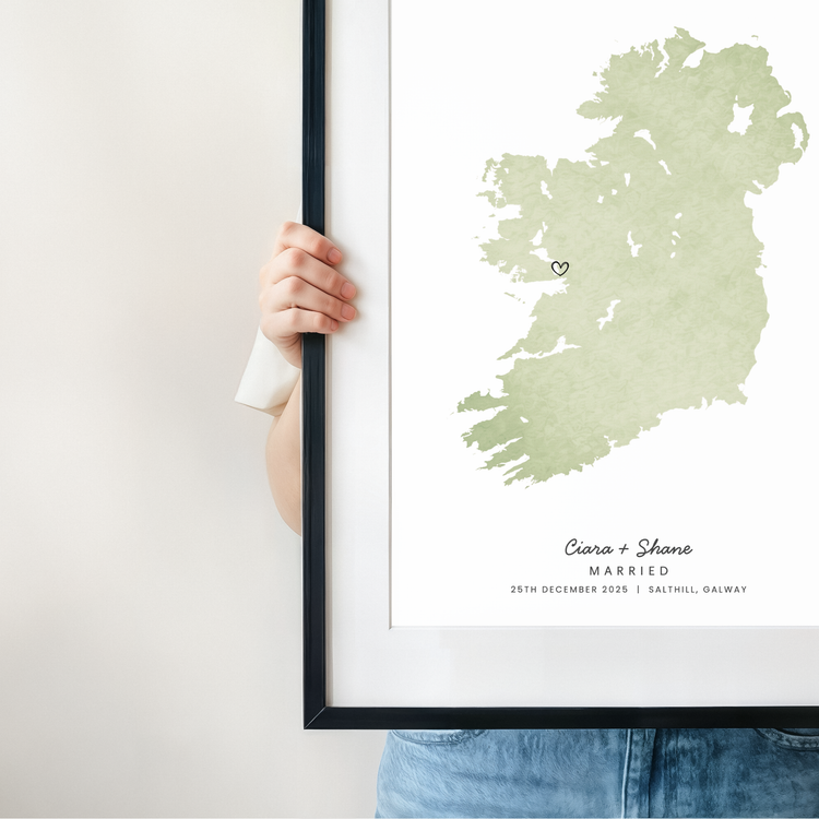 personalised ireland map wedding gift featuring names, date and location