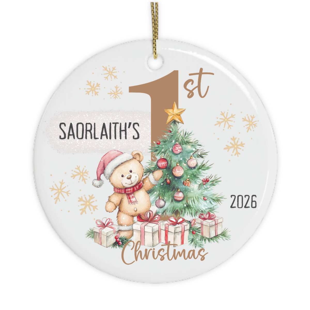 Close-up of personalised name on first Christmas keepsake 2026