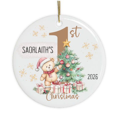 Close-up of personalised name on first Christmas keepsake 2026