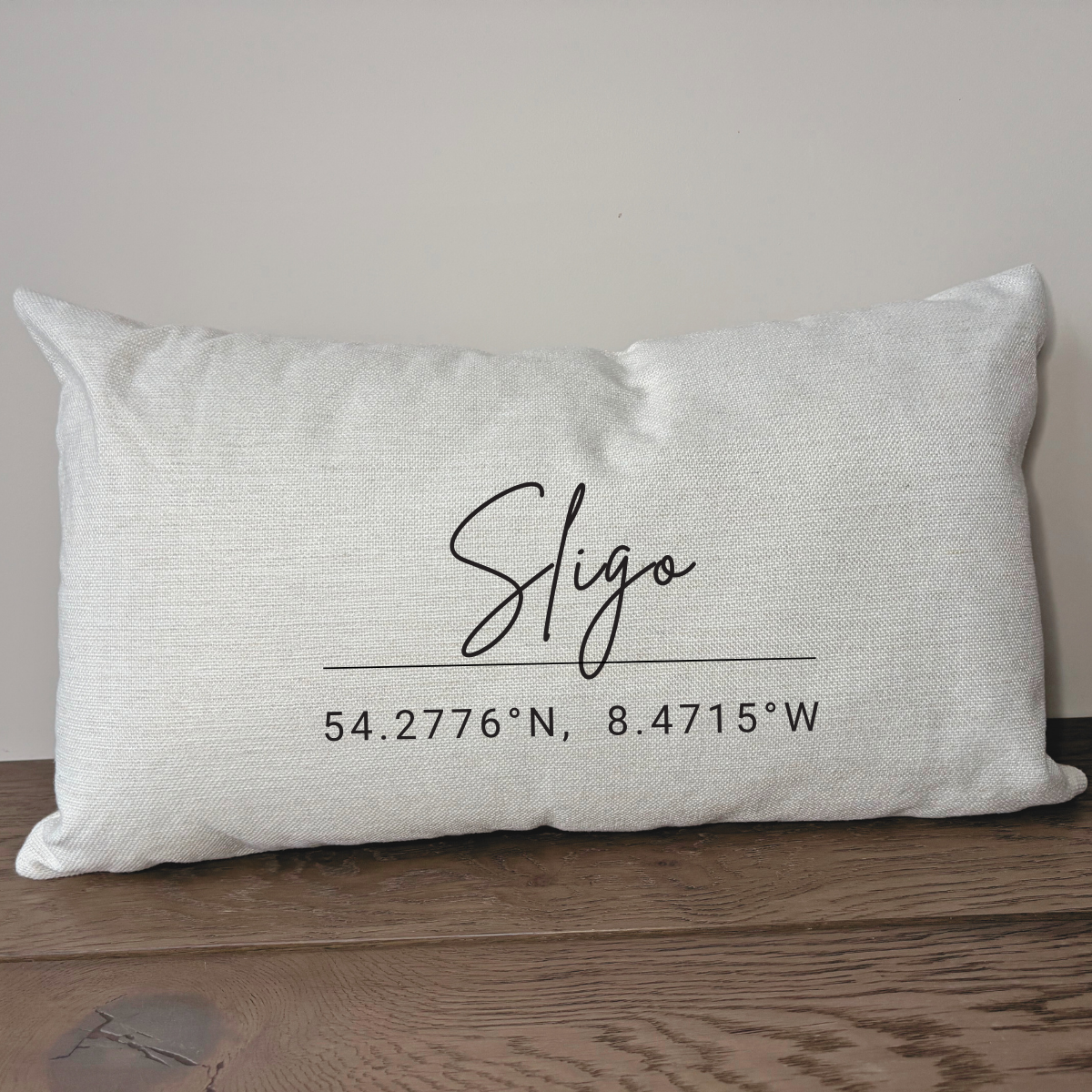 county Sligo coordinates cushion featuring Irish county name and latitude longitude on textured linen cushion