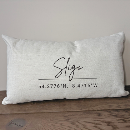 county Sligo coordinates cushion featuring Irish county name and latitude longitude on textured linen cushion