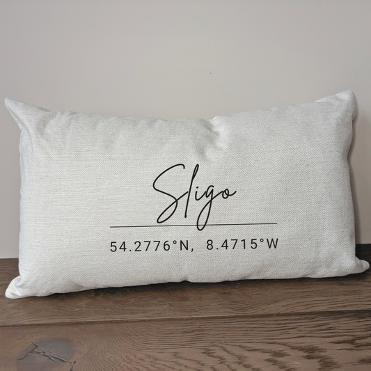 county Sligo coordinates cushion featuring Irish county name and latitude longitude on textured linen cushion