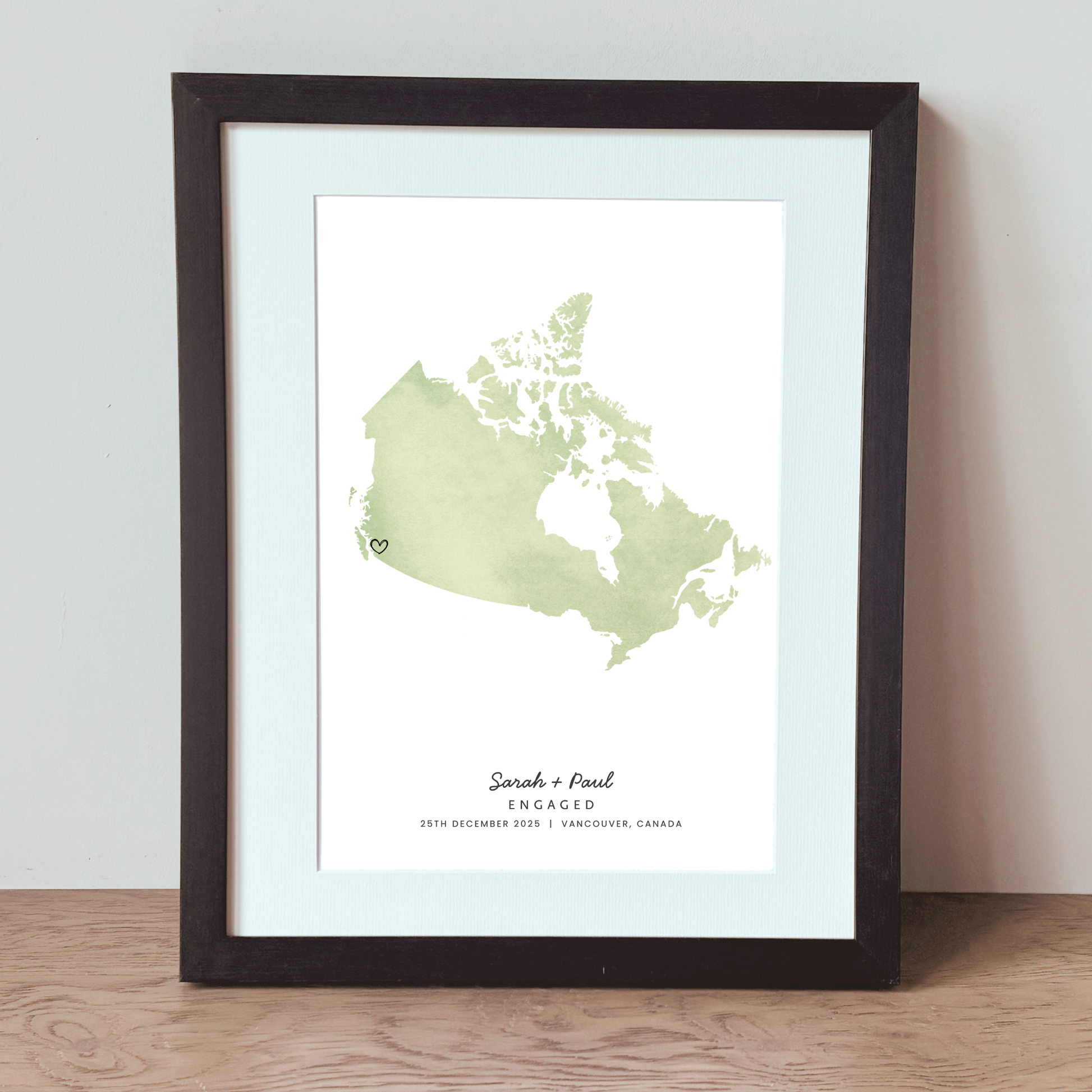 Personalised Canada engagement map print with proposal location black frame