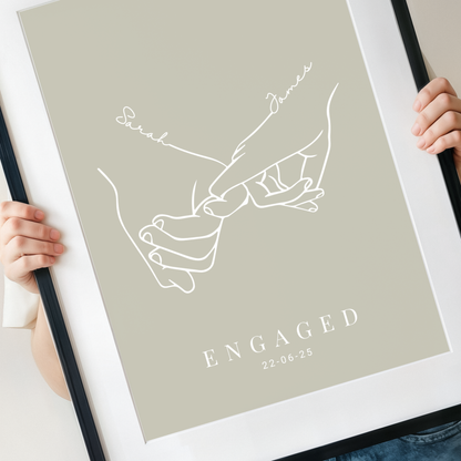 Personalised engagement print with names and date muted sage background