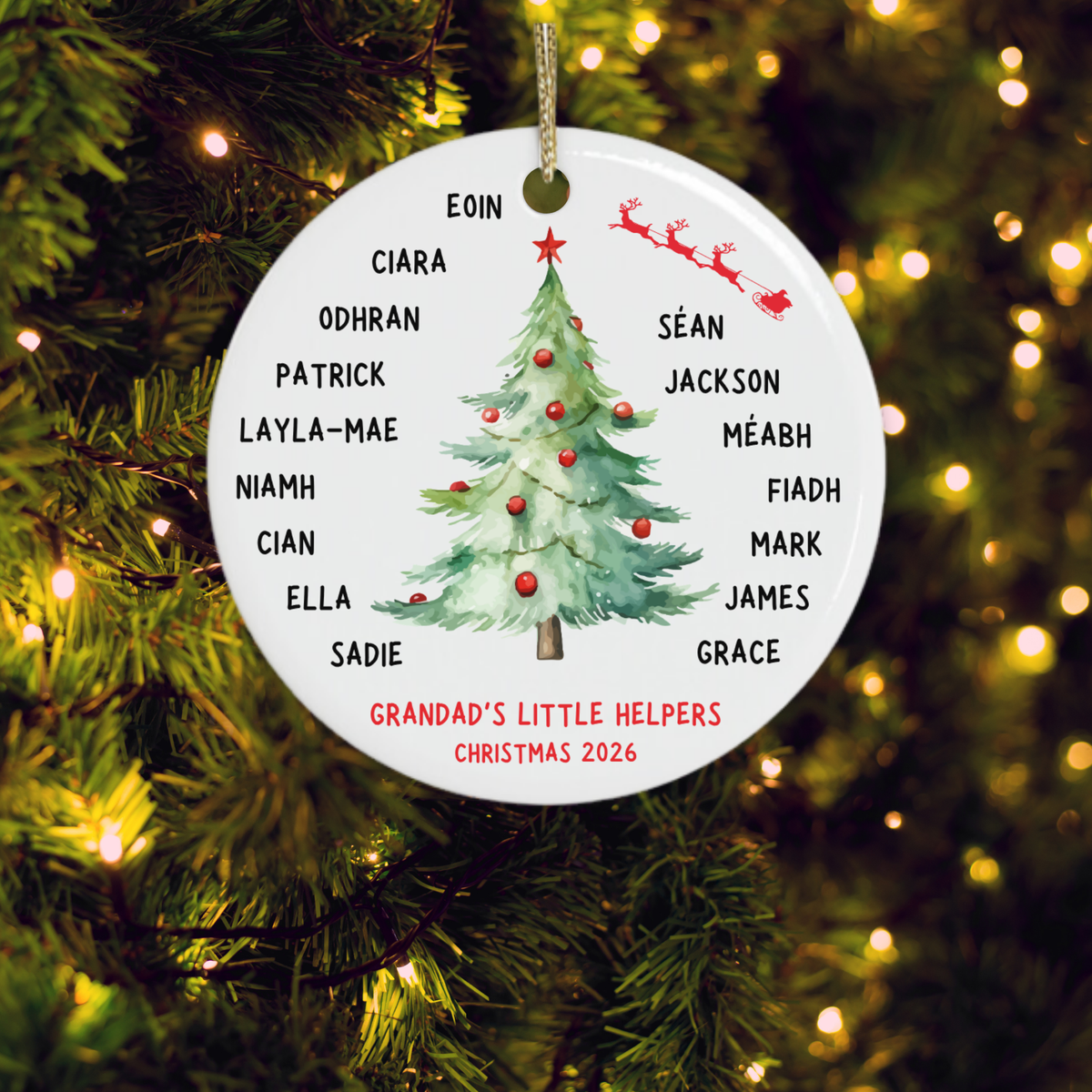 Personalised_gift_for_grandparents_Christmas_tree decoration with grandchildrens' names on it. personalised gift for someone with 16 grandchildren