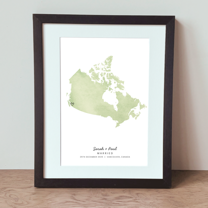 Watercolour Canada map married abroad gift with custom heart location black frame