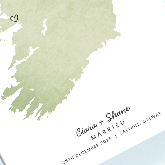 Watercolour Ireland map personalised wedding gift close up