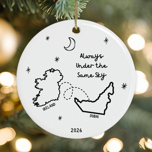 Always Under the Same Sky Ireland to Dubai Christmas ornament with moon and stars