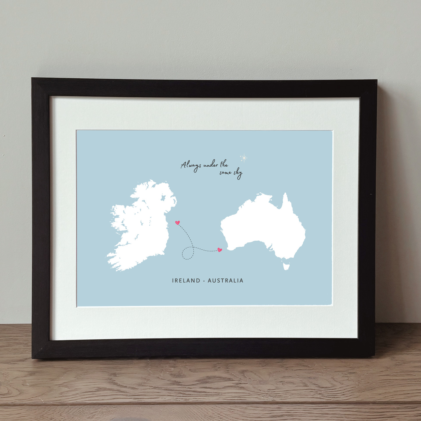 Irish emigrant map gift featuring Always Under the Same Sky sentiment