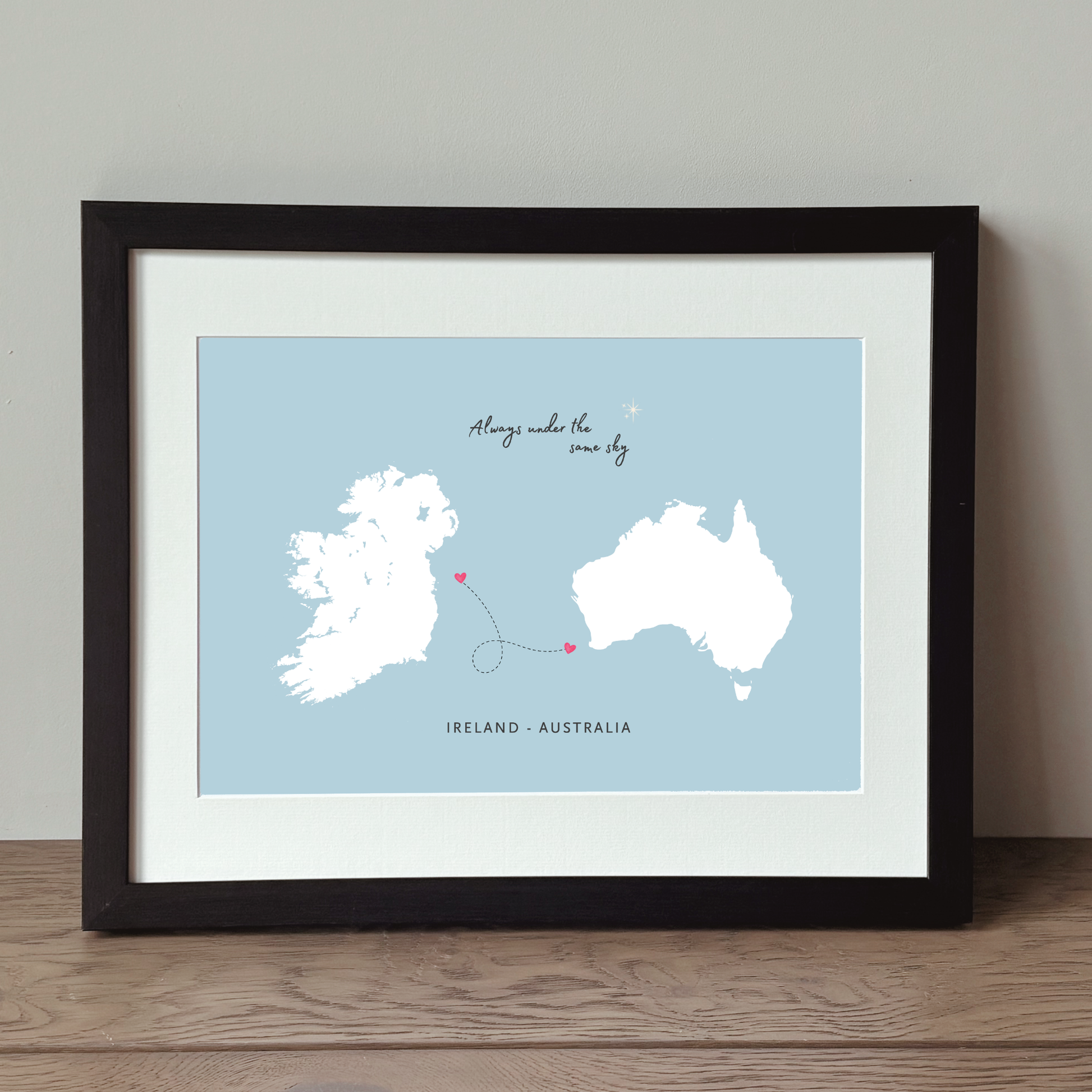Irish emigrant map gift featuring Always Under the Same Sky sentiment