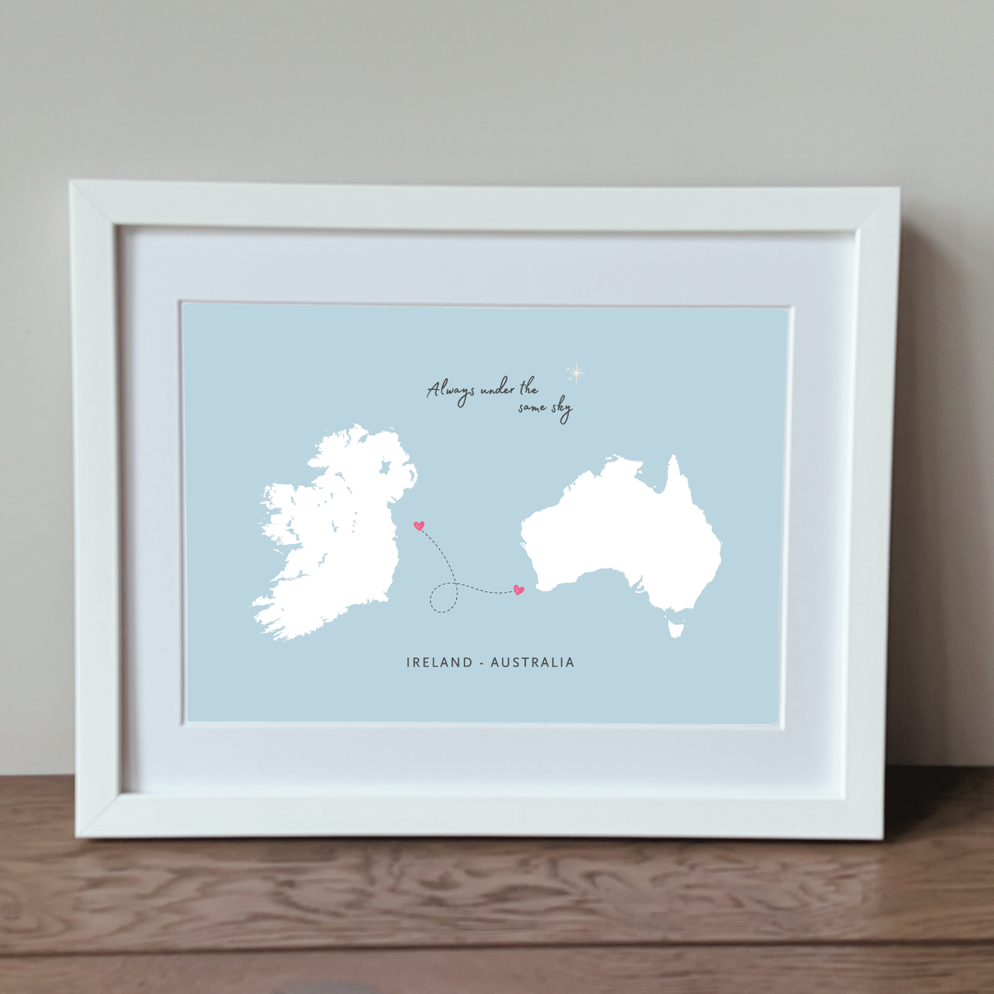 Ireland to Australia map print with Always Under the Same Sky quote
