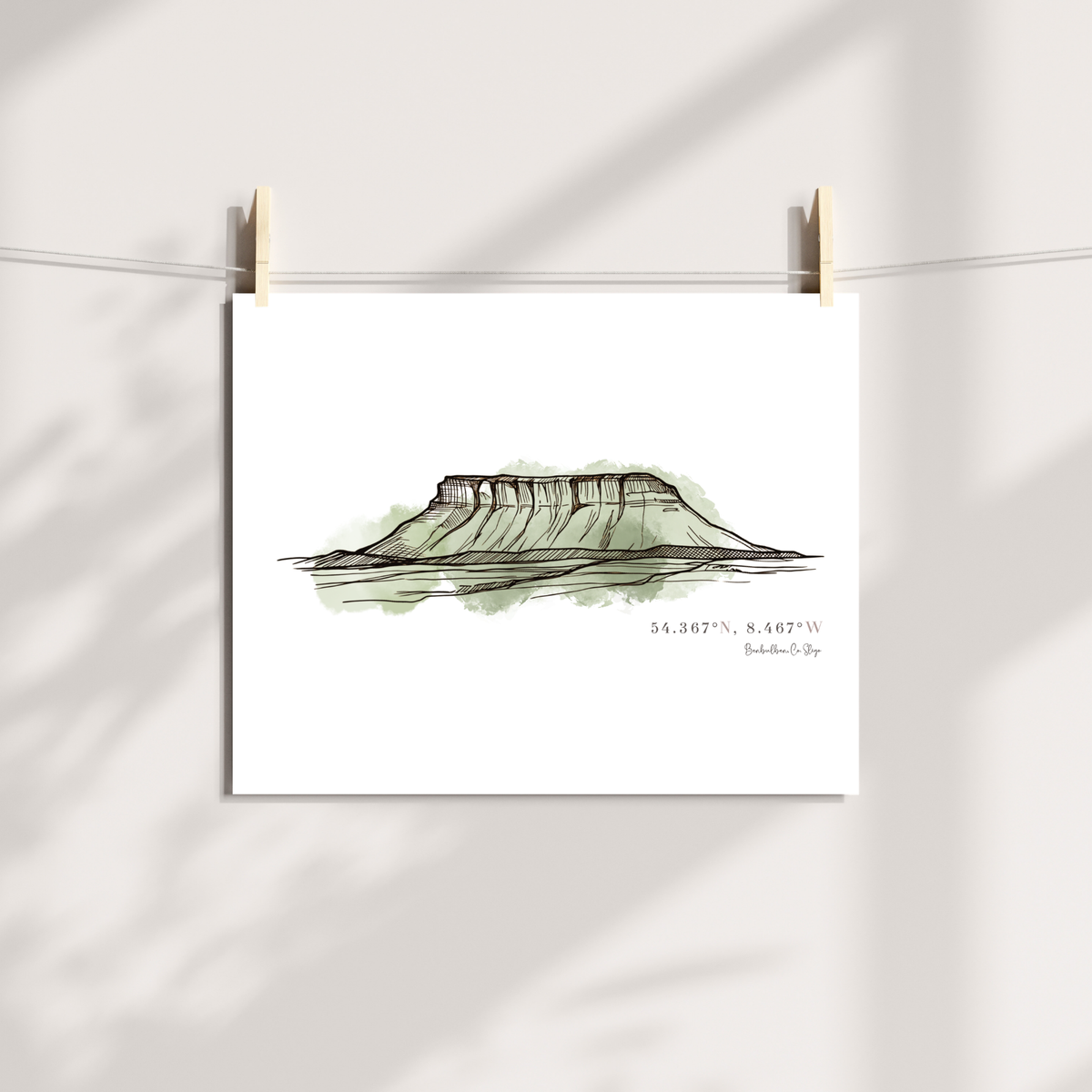 Benbulben Sligo landscape print with fine black linework and muted green watercolour