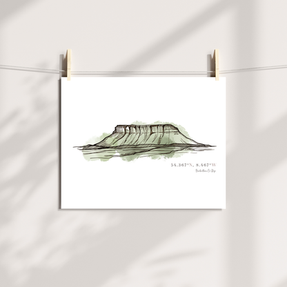 Benbulben Sligo landscape print with fine black linework and muted green watercolour