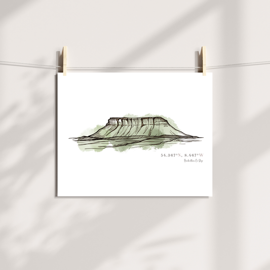 Benbulben Sligo landscape print with fine black linework and muted green watercolour