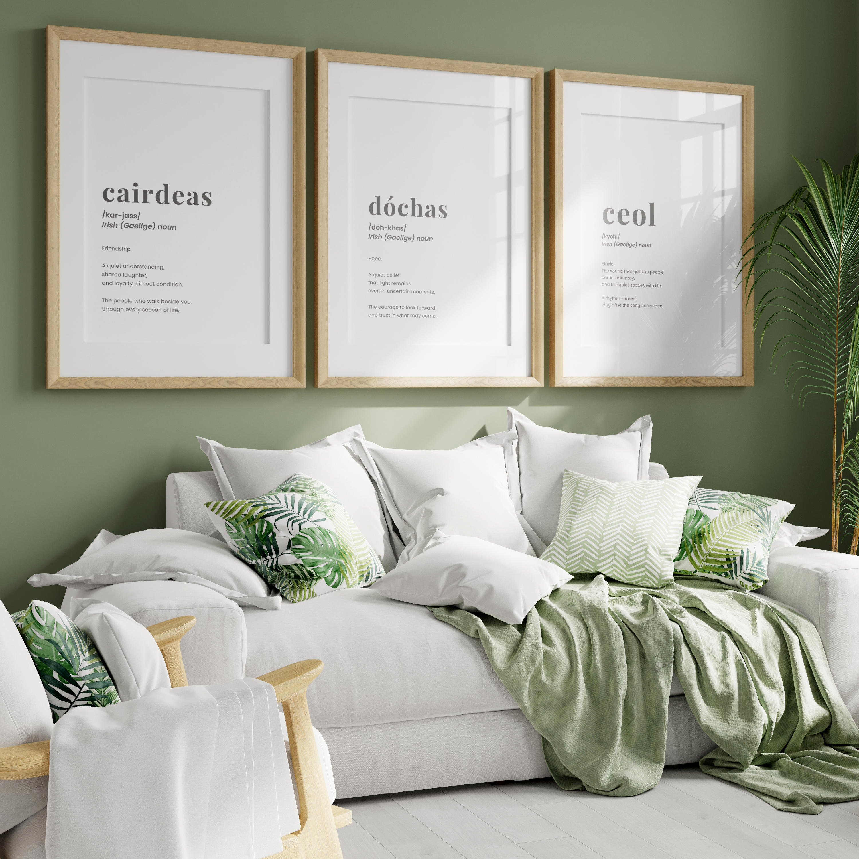 cairdeas Irish friendship definition print - trio of irish language wall art - dóchas and ceol