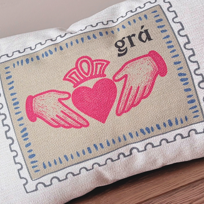 Claddagh Grá Irish cushion featuring the traditional Claddagh symbol and Irish word for love