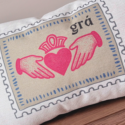Claddagh Grá Irish cushion featuring the traditional Claddagh symbol and Irish word for love