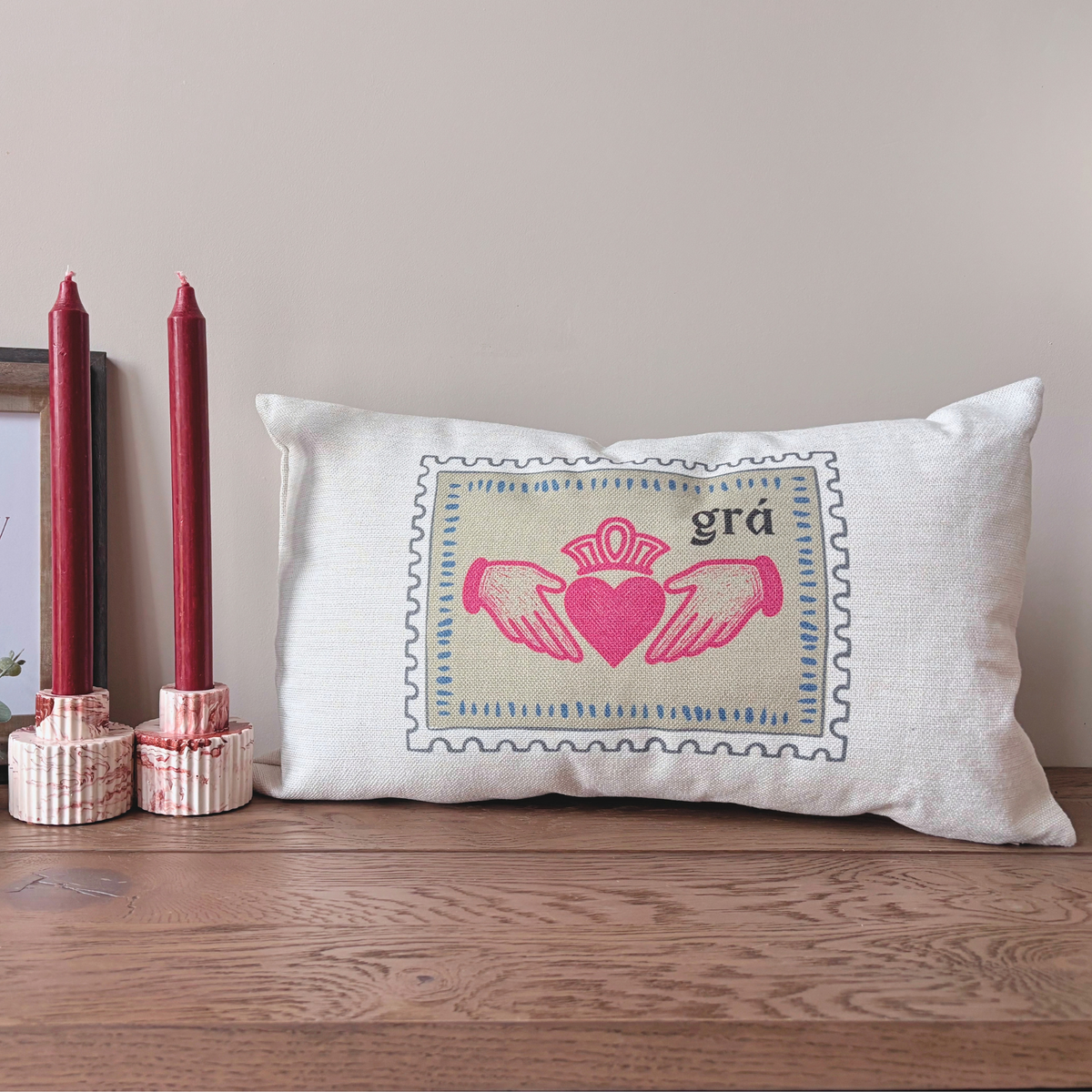 Claddagh cushion with Grá Irish word for love styled as home décor