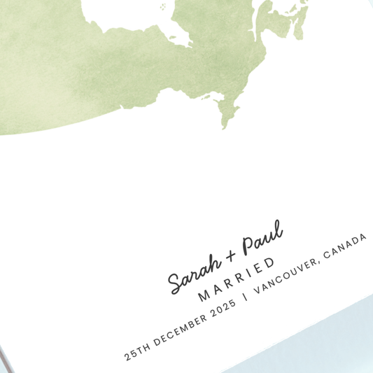 Personalised married abroad canada map artwork designed and printed in Ireland