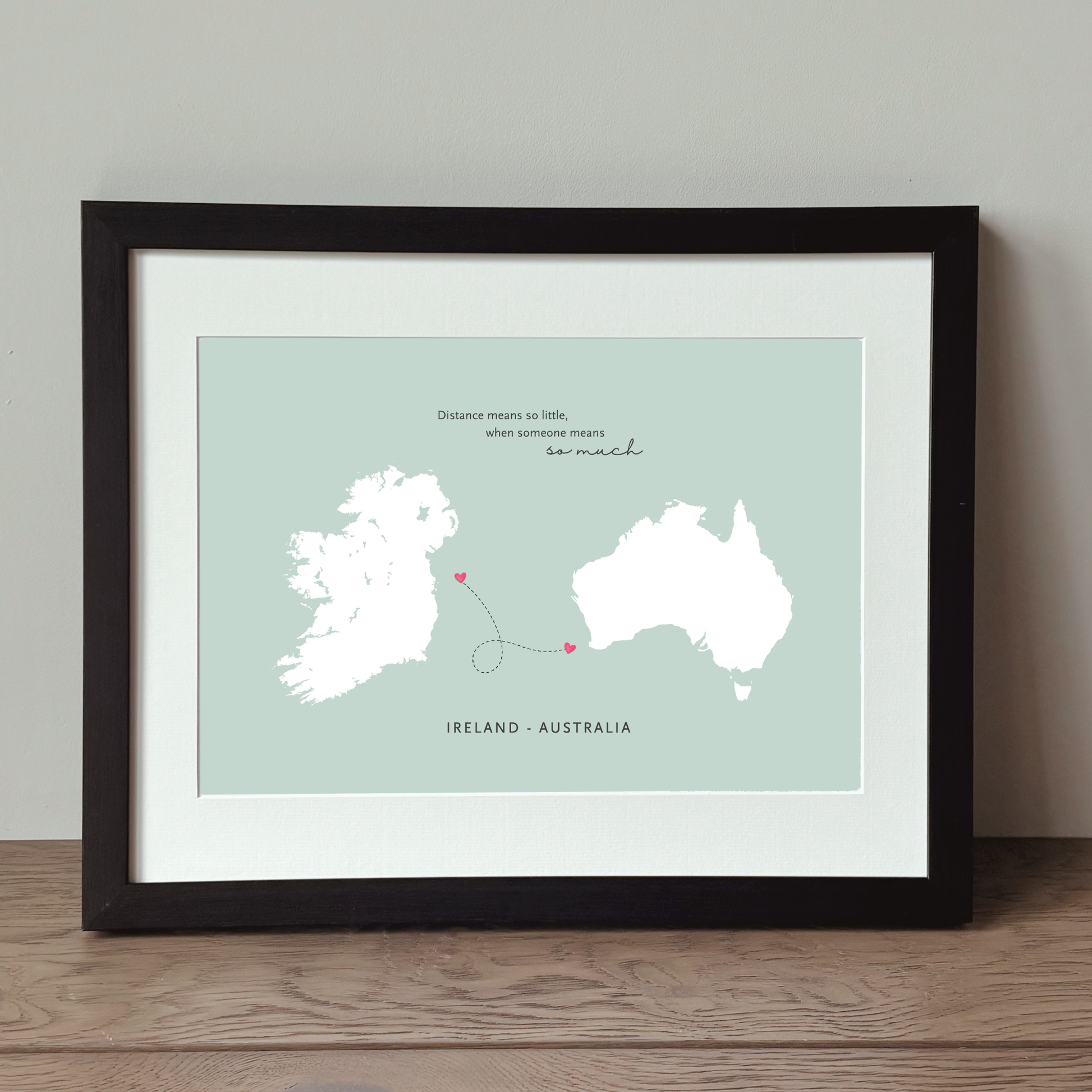 Ireland to Australia keepsake gift for family or friends living overseas in a black frame