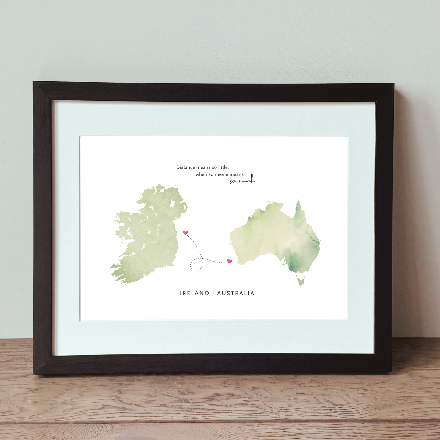 Ireland to Australia keepsake gift for family or friends living abroad. watercolour maps in a black frame