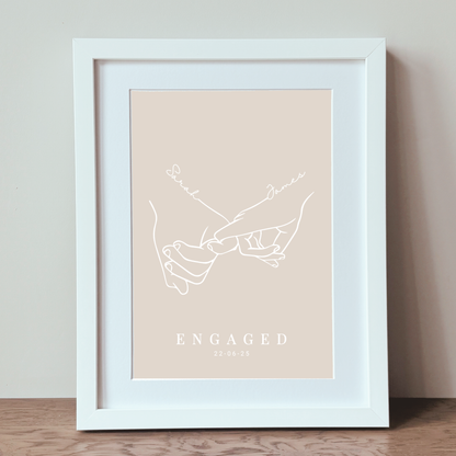 White framed engaged couple line art print with custom names and date