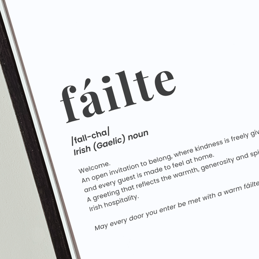 Fáilte definition print featuring the Irish word for welcome in a minimalist dictionary-style design