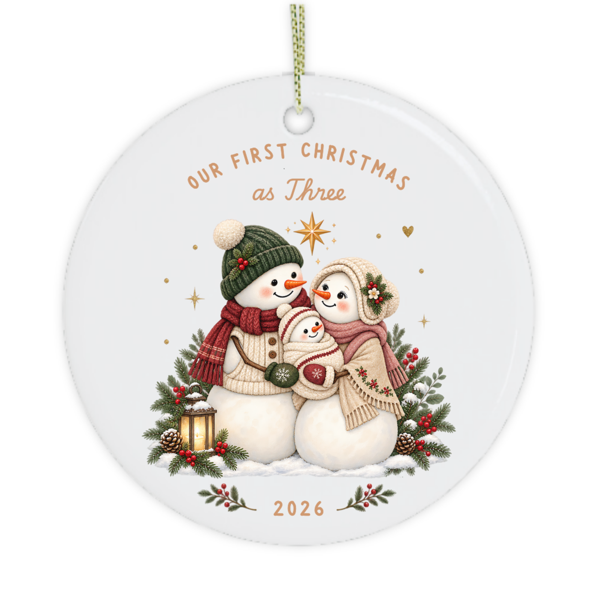 Snowman family of three Christmas ornament with festive winter details.