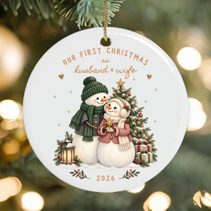 First Christmas as husband and wife ornament for 2026 featuring a snowman couple, decorated Christmas tree and festive greenery.