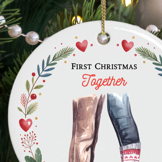 Close-up of the First Christmas Together ornament lettering and festive watercolour illustration