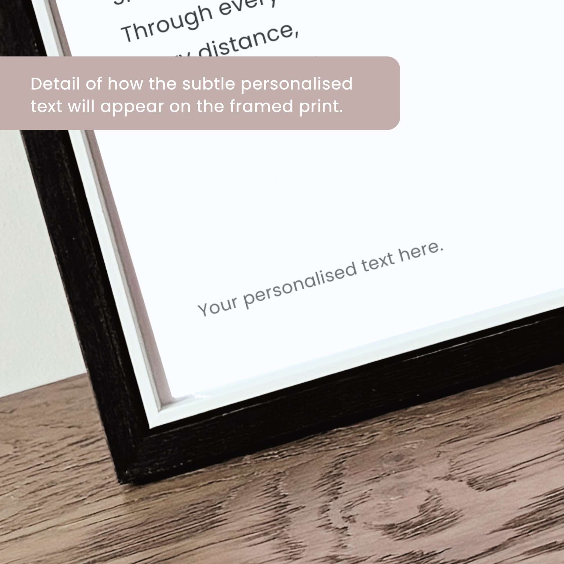 Framed display detail of personalised definition print in Willow + Moon's signature black frame