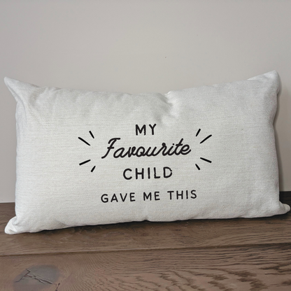 Funny gift for Mum or Dad featuring a “My Favourite Child Bought Me This” cushion