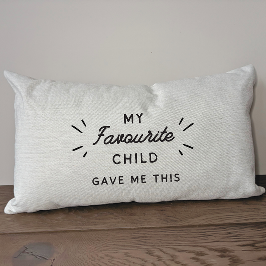Funny gift for Mum or Dad featuring a “My Favourite Child Bought Me This” cushion