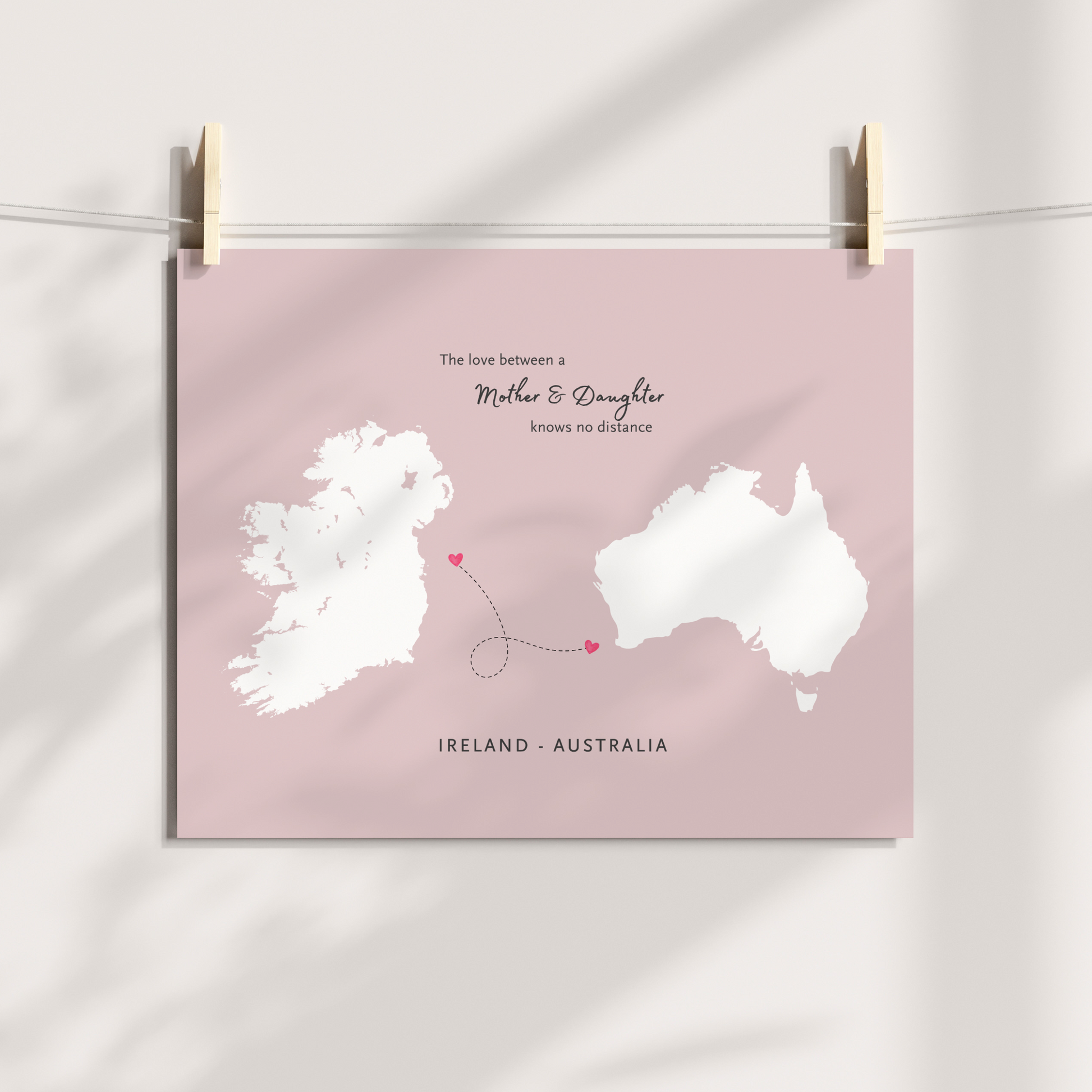 Long-distance mother and daughter gift featuring Ireland and Australia map a4 print