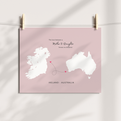 Long-distance mother and daughter gift featuring Ireland and Australia map a4 print