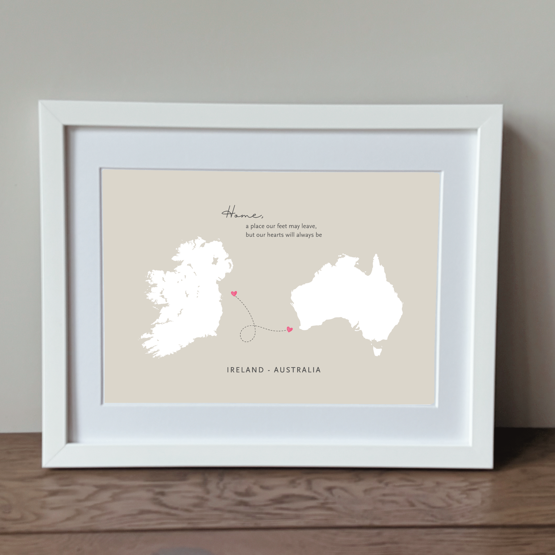 Framed Ireland to Australia home wall art for Irish living abroad in a white frame
