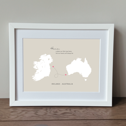 Framed Ireland to Australia home wall art for Irish living abroad in a white frame