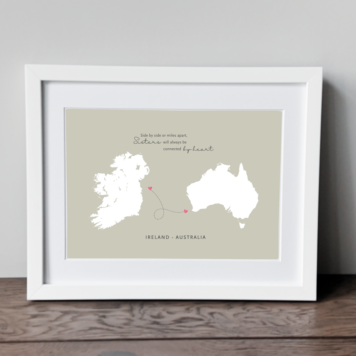 Ireland to Australia sisters map artwork in white frame for long distance sisters