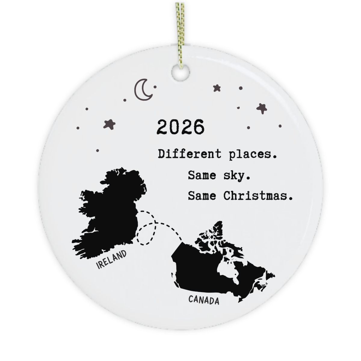 Ireland and Canada Christmas ornament with connecting dotted line, moon and stars