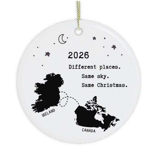Ireland and Canada Christmas ornament with connecting dotted line, moon and stars