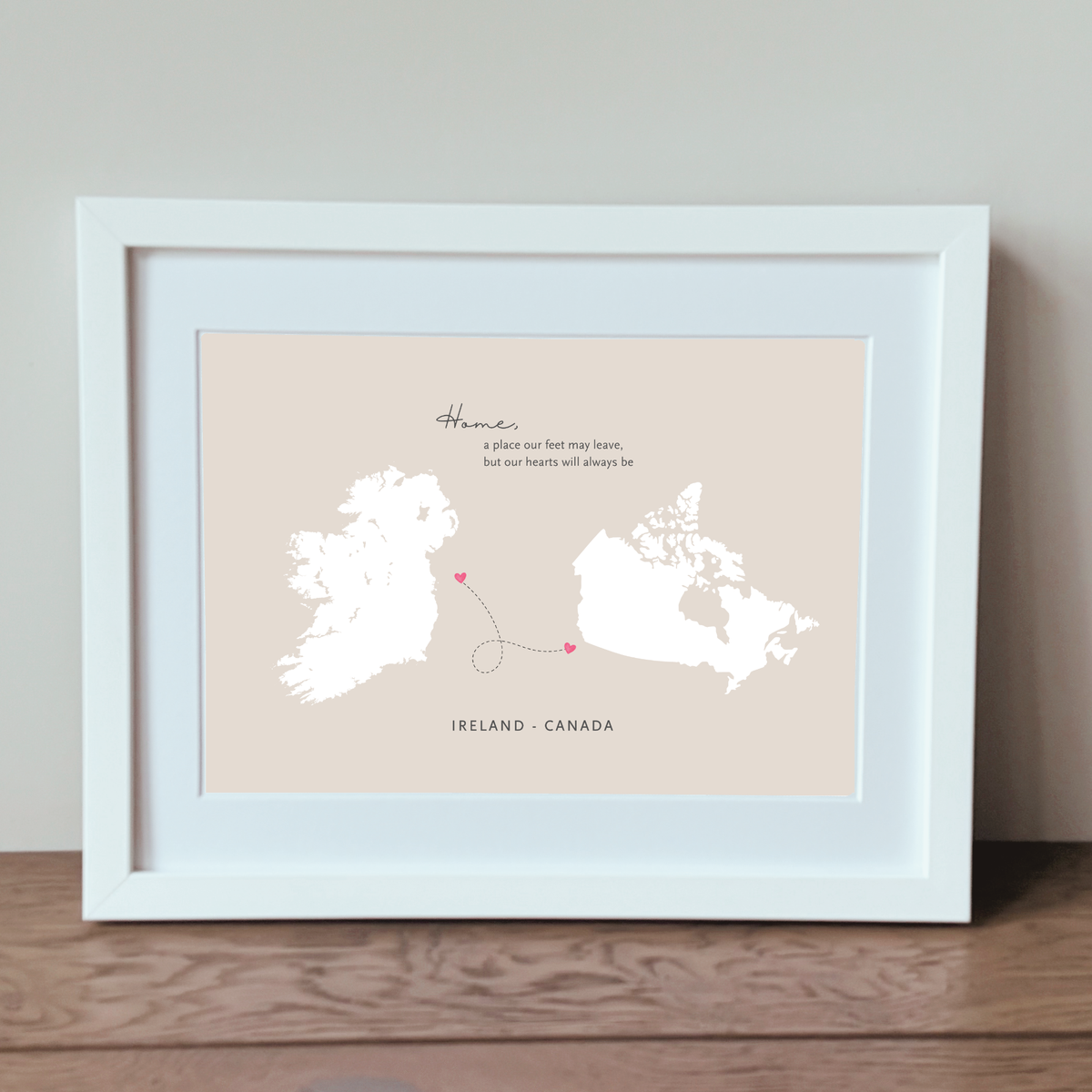 Framed Ireland to Canada home wall art for Irish living abroad in a white frame